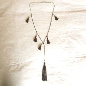 Boho Blue And Bronze Beaded Tassel Necklace